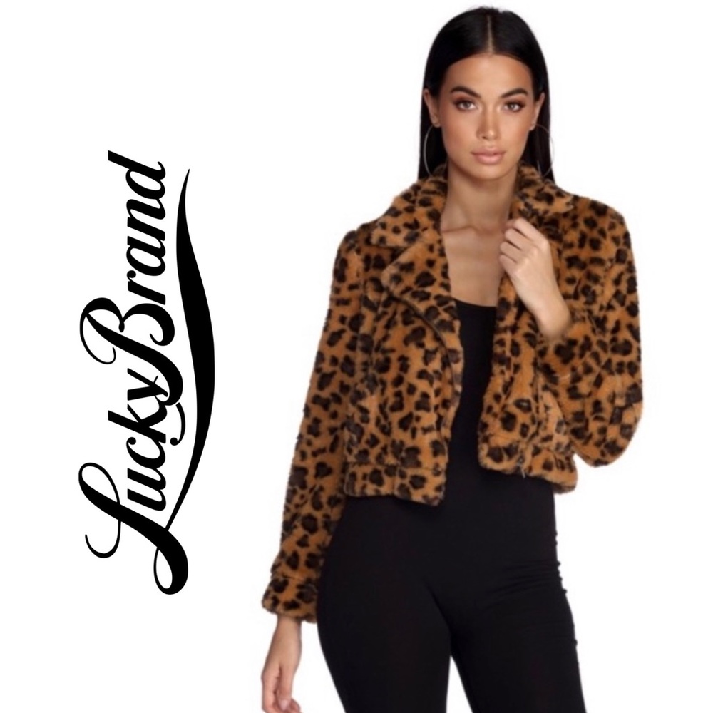 LUCKY BRAND Faux Fur Leopard Print Cropped Jacket XS